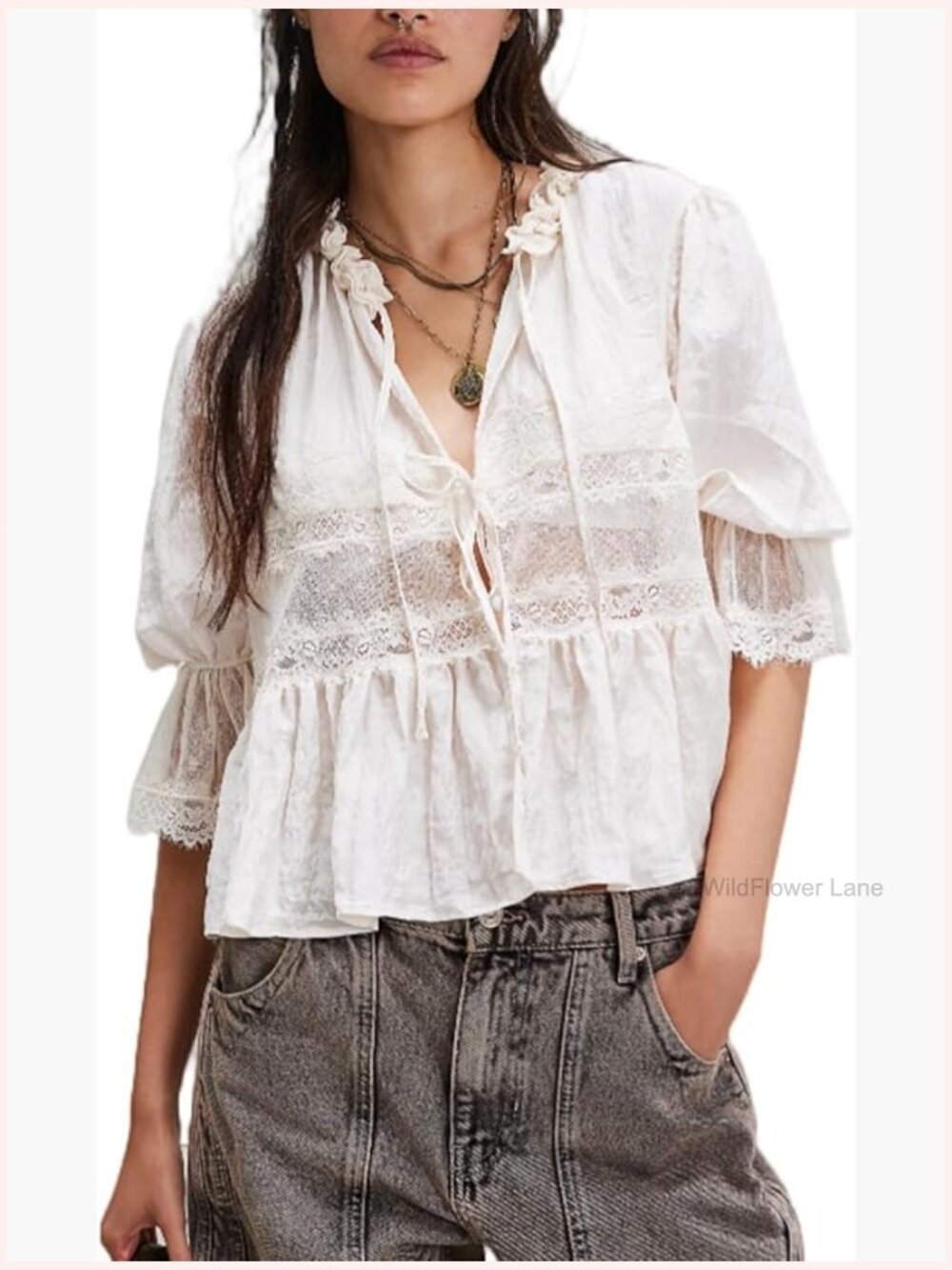 Vintage Boho Ruffle Lace Trim Tie Front Cropped Peplum Top